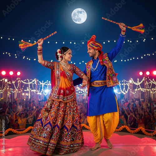 Young couple playing Garba under a moonlit Navratri sky