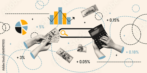 Money investments concept halftones collage. Retro illustration on financial theme or business.