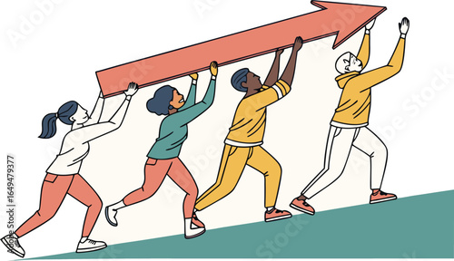 Vector illustration of diverse team lifting a big red arrow upward, symbolizing teamwork, growth, success, leadership, progress, and collective achievement.