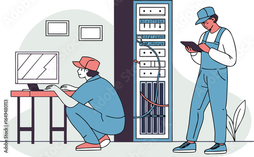 Vector illustration cartoon of IT technicians working with server racks and computers, representing data center maintenance, technology, and network support.