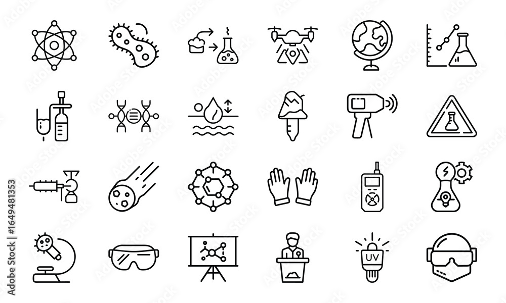 Fototapeta premium Set of 24 Science and Laboratory Line Icons Chemistry, Biology, Physics, Research, Safety, and Technology Symbols in Minimal Outline Style
