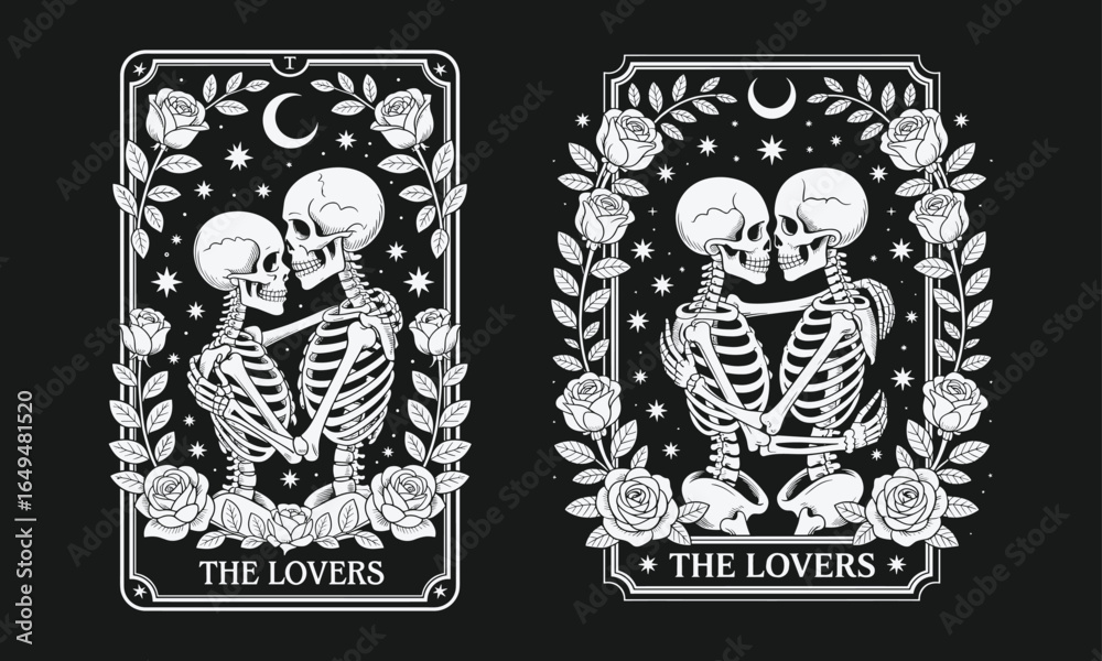 Obraz premium Halloween Skeleton Lovers SVG, Valentine couple skeletons design, Halloween Fall Skeleton lovers design. Skull shirt Design, Vintage Gothic Skeleton Tarot Cards Series.