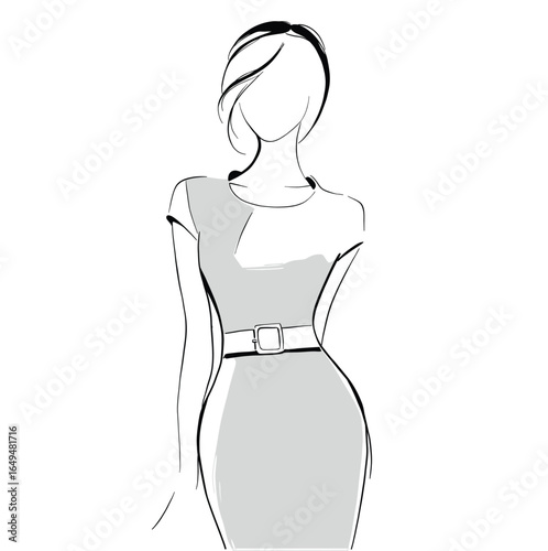 Elegant minimalist fashion sketch of a woman wearing a fitted belted dress, drawn in grayscale with clean lines. Perfect for fashion, design, and creative branding