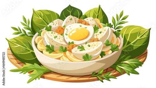 Delicious egg salad served with fresh lettuce, garnished with herbs and spices, creating delightful and healthy meal option white  background 