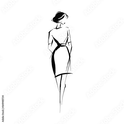 Stylish minimalist fashion sketch of a woman wearing a knee-length dress with simple yet elegant lines. Perfect for fashion design, illustration, and creative projects