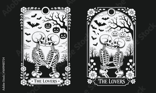 Halloween Skeleton Lovers SVG, Valentine couple skeletons design, Halloween Fall Skeleton lovers design. Skull shirt Design, Vintage Gothic Skeleton Tarot Cards Series.