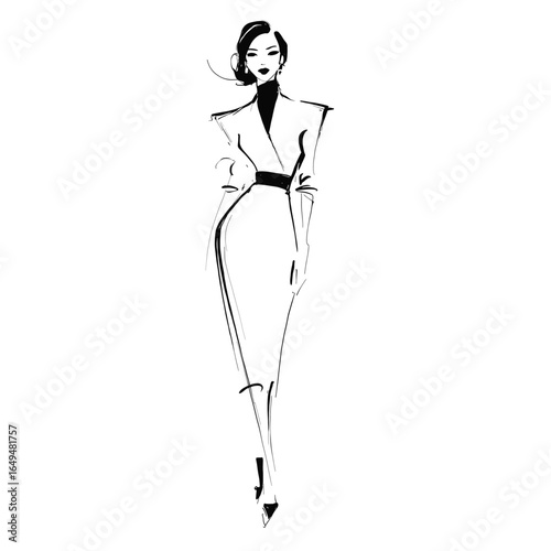 Minimalist fashion sketch of a stylish woman wearing a long fitted dress with bold shoulders and accessories. Perfect for fashion design, illustration, and creative projects