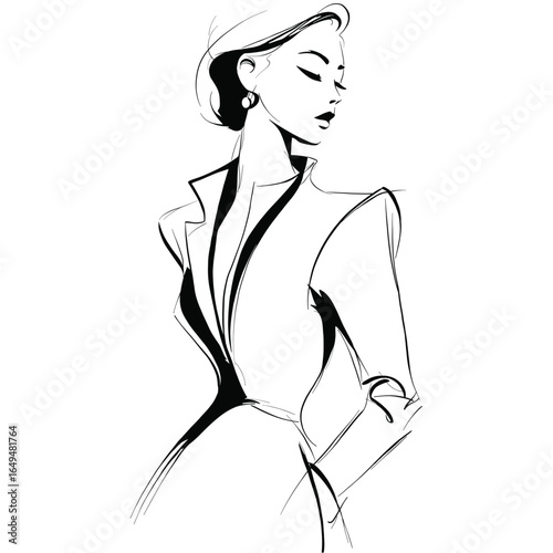 Minimalist fashion sketch of a stylish woman wearing a hat, earrings, and an elegant fitted dress. Perfect for fashion design, illustration, and creative branding