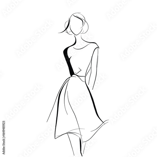Elegant minimalist line drawing of a woman wearing a flowing dress, captured in a stylish pose. Perfect for fashion, art prints, or modern design projects
