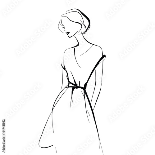 Stylish minimalist line drawing of a woman in a flowing dress with delicate features and graceful pose. Ideal for fashion, art, or modern design concepts