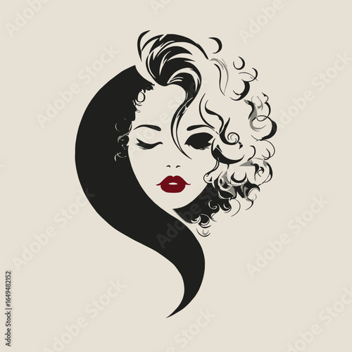 Elegant artistic illustration of a woman’s face with flowing curly hair and bold red lips, blending black and beige tones. Perfect for beauty, fashion, and design concepts