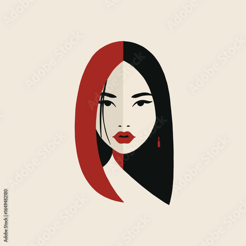 Modern vector illustration of a woman’s face with half red and half black hair, bold red lips, and minimalist details. Perfect for fashion, beauty, and design projects
