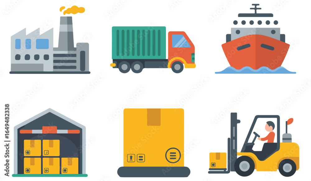 Fototapeta premium Supply Chain Illustration with Factory, Truck, Ship, Warehouse, Boxes, and Forklift