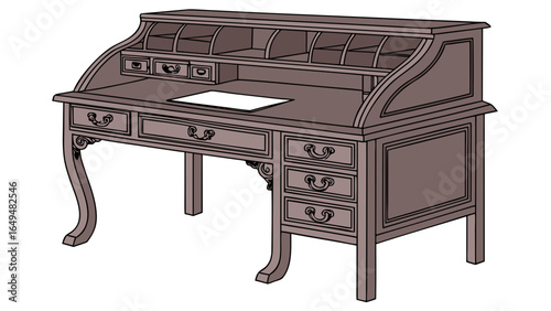 Illustration of a rolltop desk with drawers and compartments and a piece of paper on the surface
