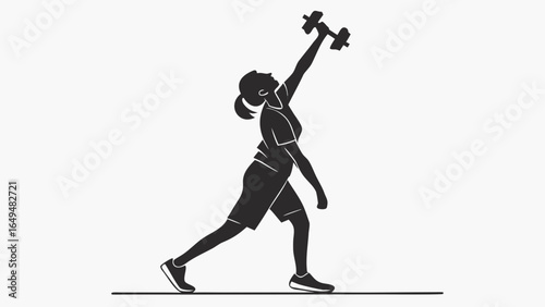 Silhouette of a woman in a lunge position lifting a dumbbell overhead in a fitness exercise routine