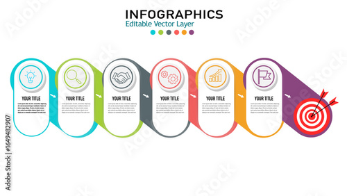 Infographics business process template with 6 steps, icons, and text boxes. It's a clean and professional vector design suitable for presentations.