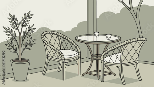 Illustration of outdoor patio set with wicker chairs and table with potted plant nearby showing detail