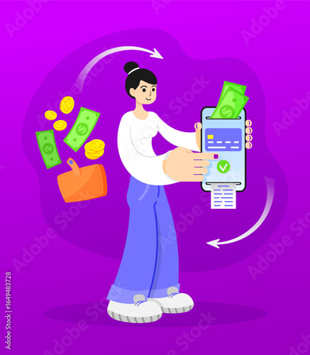 online bank card where you put money and get cashback, vector flat illustration with a girl