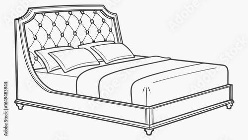 Illustration of a tufted headboard bed with pillows and a duvet cover in a line art style