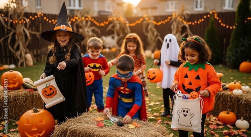 Halloween kids trick or treat costume party pumpkin witch ghost superhero celebration outdoor fun and games