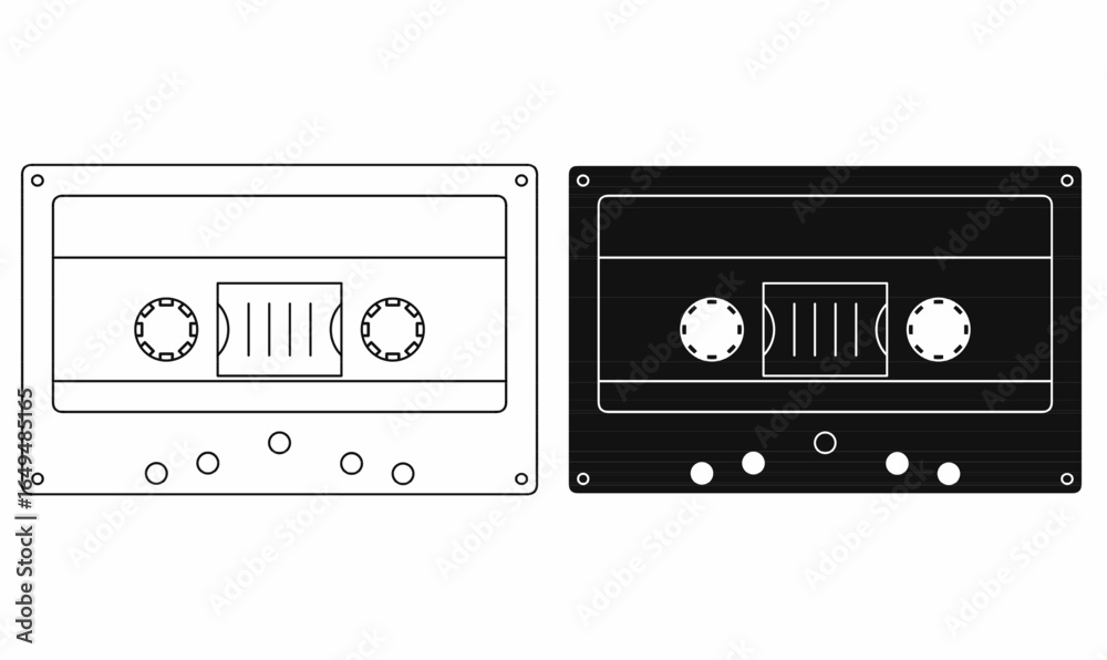 Fototapeta premium Compact cassette or cassette tape icon in outline and silhouette solid style, featuring reels, tape window, and label area, used for music, audio recording, retro media, and vintage technology design.