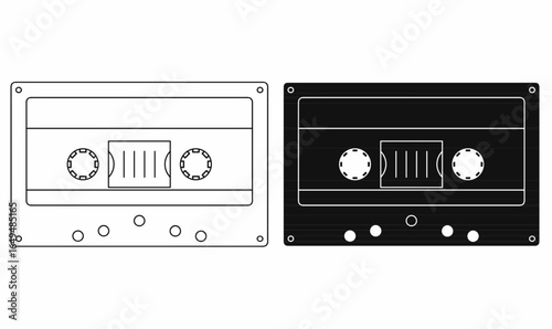 Compact cassette or cassette tape icon in outline and silhouette solid style, featuring reels, tape window, and label area, used for music, audio recording, retro media, and vintage technology design.