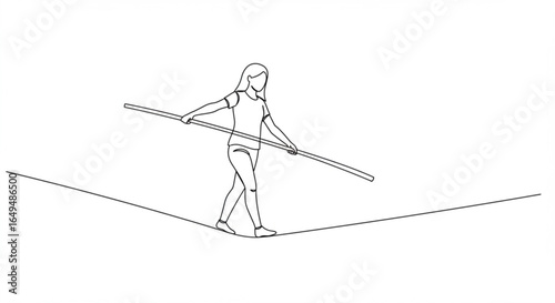 Woman walking on a tightrope with a balancing pole, isolated on white background