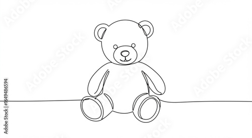 Cute teddy bear toy isolated on white background, simple line art drawing