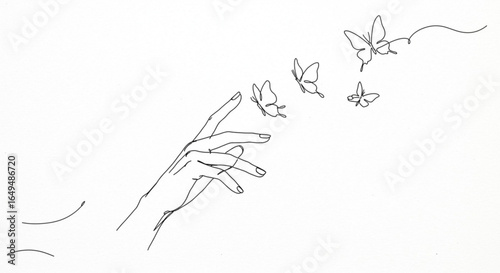 Line art drawing of a hand releasing butterflies isolated on white background