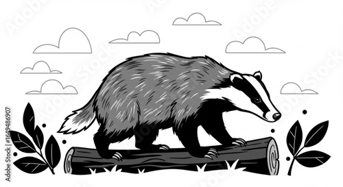 Black and white illustration of a badger walking on a log in nature
