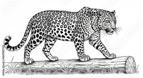 Leopard walking on a log, black and white illustration