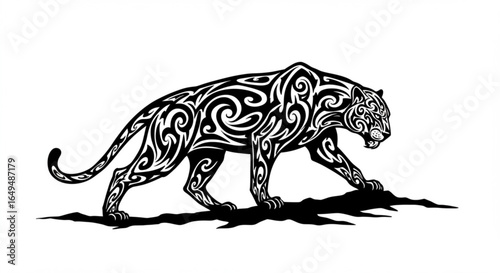 Tribal panther illustration with ornamental swirls isolated on white background