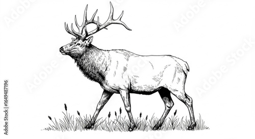Majestic elk with large antlers walking in a grassy field, isolated on white background