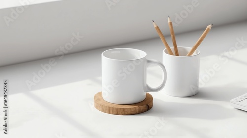 Mug mockup with workspace accessories on a white table