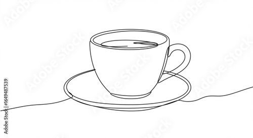 Single line drawing of a coffee cup and saucer isolated on white background