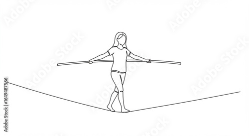 Woman walking on a tightrope with a balancing pole, isolated on white background