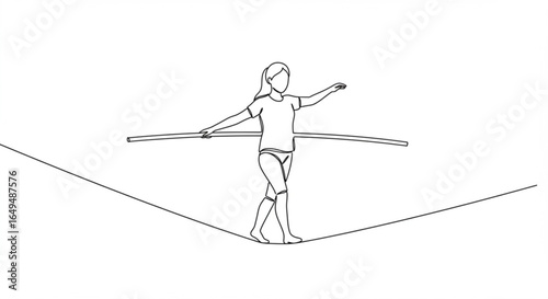 Young girl balancing on a tightrope with a pole, isolated on white background