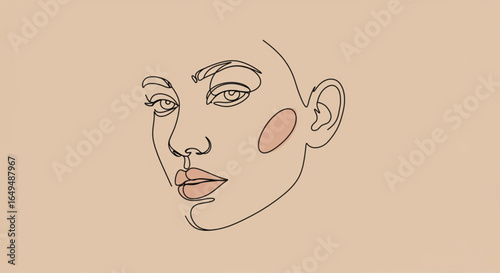 Minimalist line art drawing of a womans face with soft blush accents