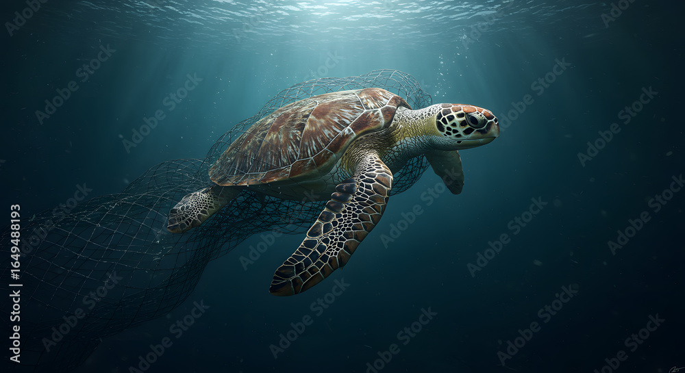Obraz premium Sea Turtle Struggles in Ocean Entangled in Fishing Net - Environmental Issue Concept