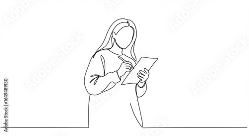 Woman writing on paper with pen, isolated on white background