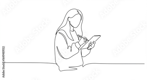 Woman writing on a tablet, isolated on white background