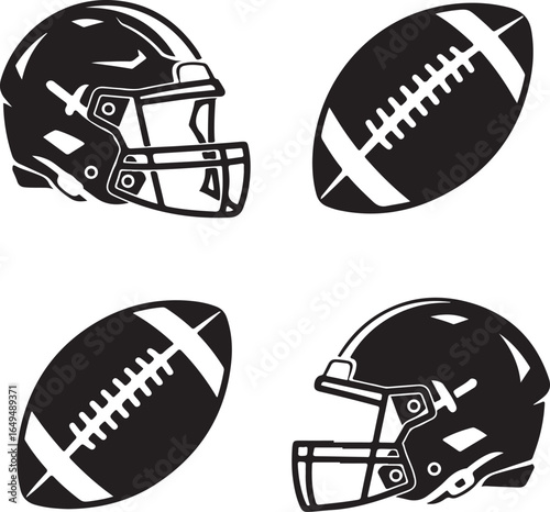 American Football Helmets and Balls Black and White Icons sports equipment