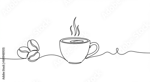 Hot coffee cup with beans and steam, isolated on white background