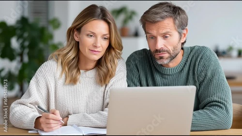 A focused middle-aged couple sitting at a table in a cozy home environment, working together on finances using a laptop and notebook, symbolizing teamwork and planning.