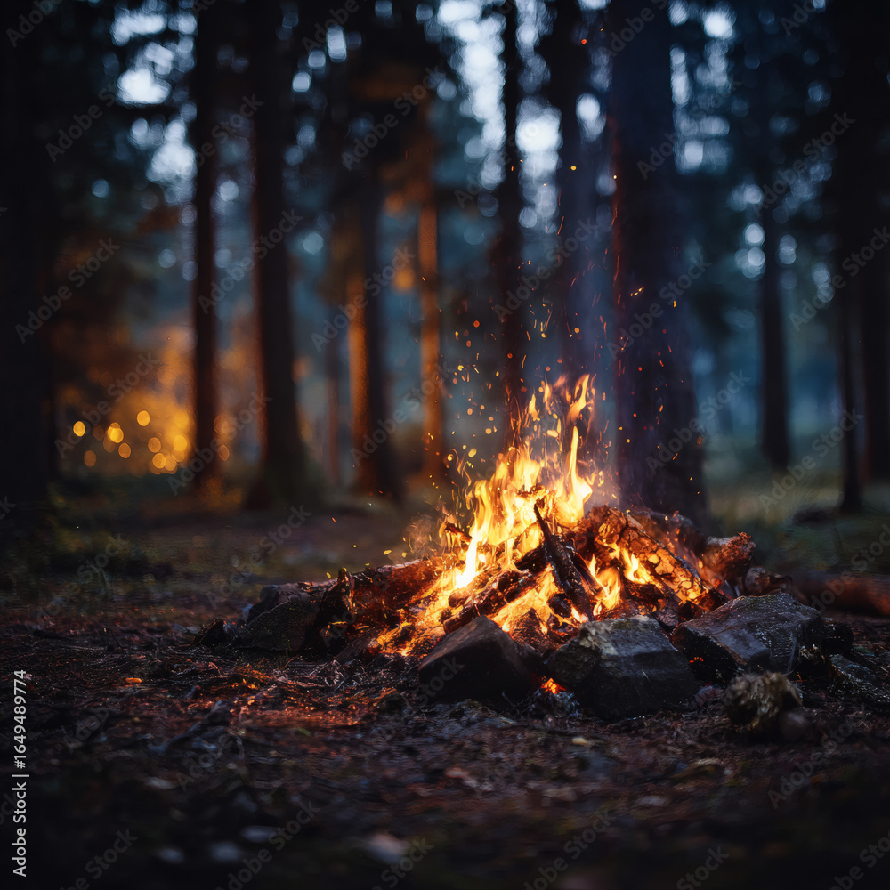 A fire is burning in a pile of wood A fire is burning in a pile of wood