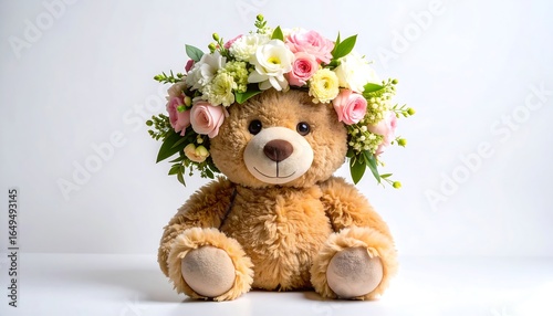 Teddy bear adorned with a floral crown.