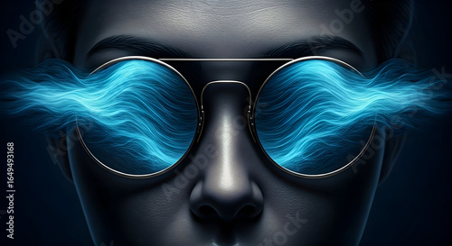 Futuristic vision conceptualizing data flow or digital consciousness emanating from the eyes through stylish eyewear. Ideal for tech art and virtual reality themes.