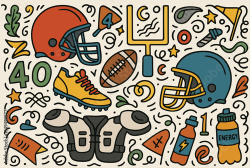 Colorful football doodle with helmets, shoes, and energy drink amidst whistles and confetti