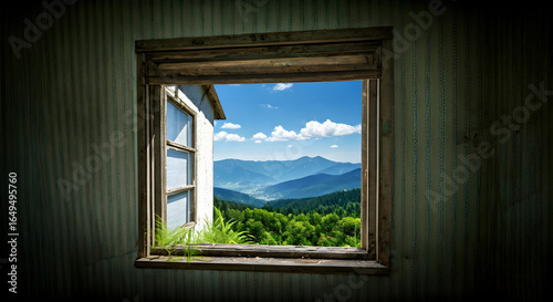 Rustic window frames a breathtaking mountain vista symbolizing hope new beginnings and freedom perfect for inspirational content and virtual backgrounds