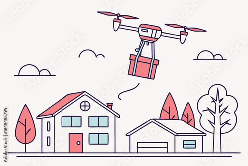 Drone delivering package to a house in a neighborhood